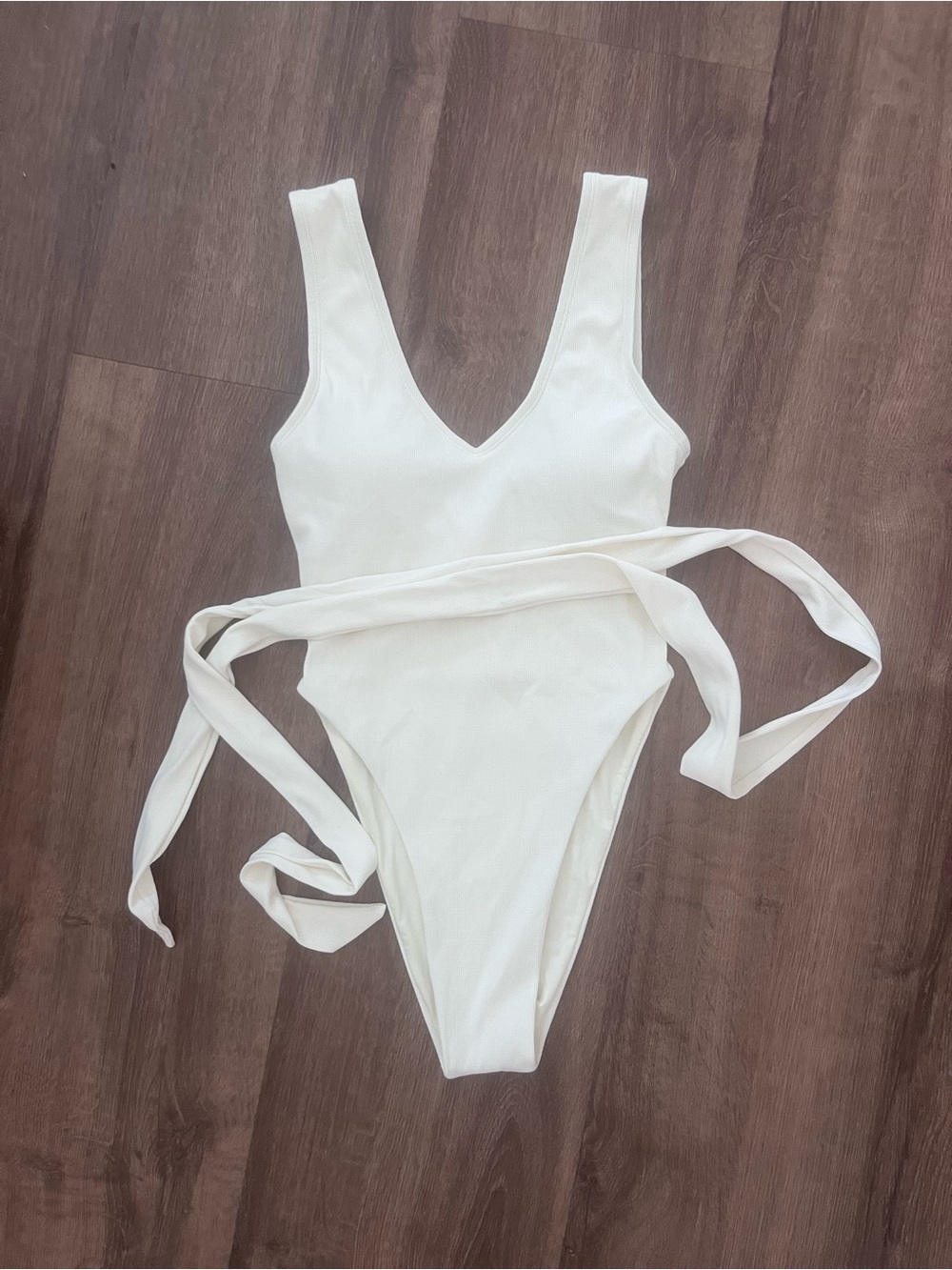 RARE White/Ivory One-Piece Swimsuit with Tie Waist High Leg